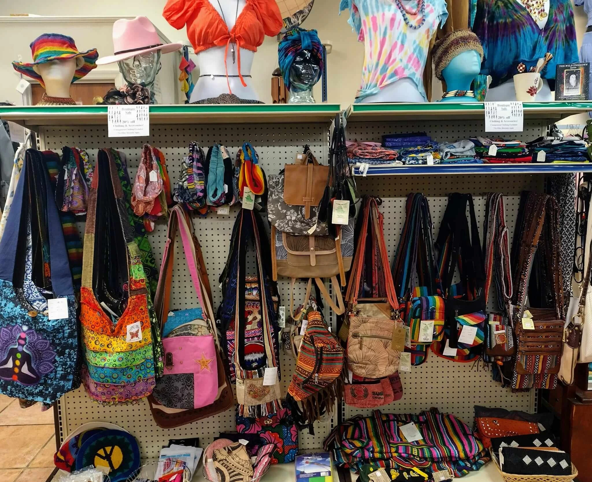 A display of various multicolored bags