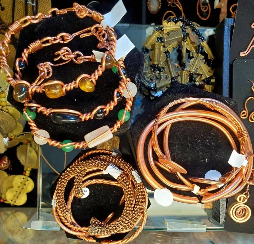 A display of copper jewelry