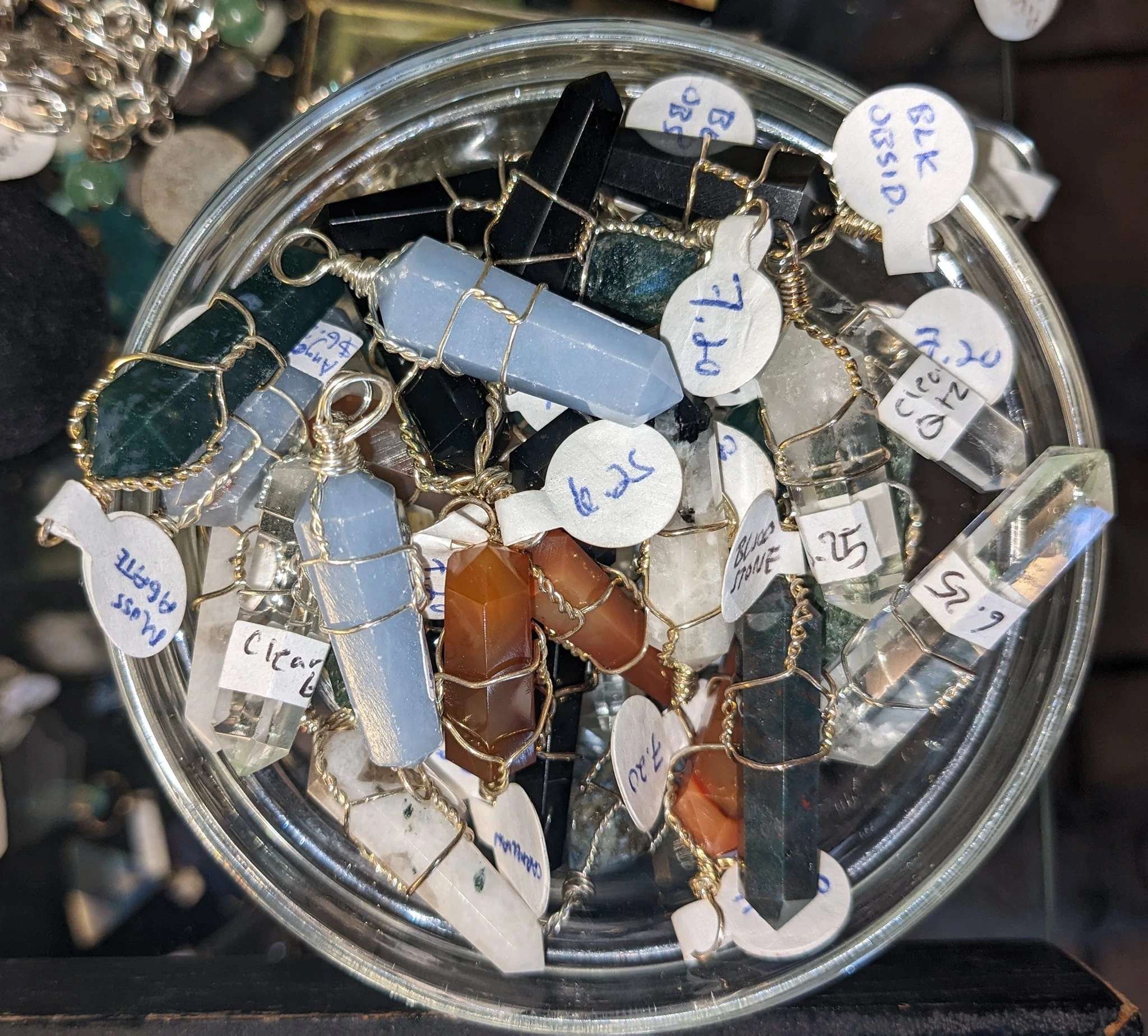 A display of crystal pendant charms