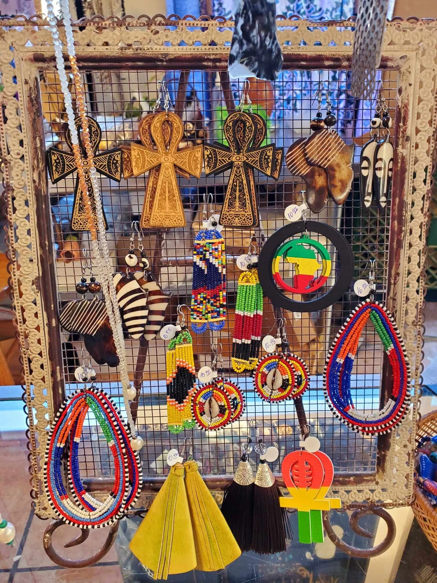 A display of beaded jewelry from Ghana