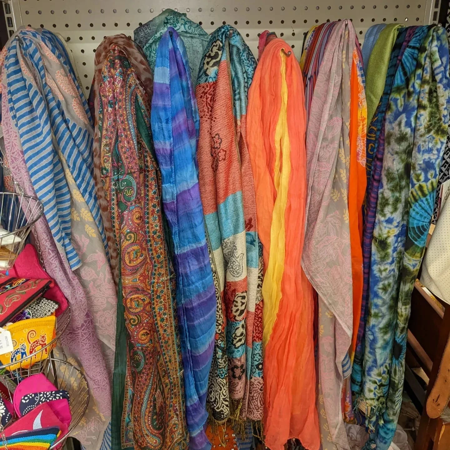 A display of multicolored scarves