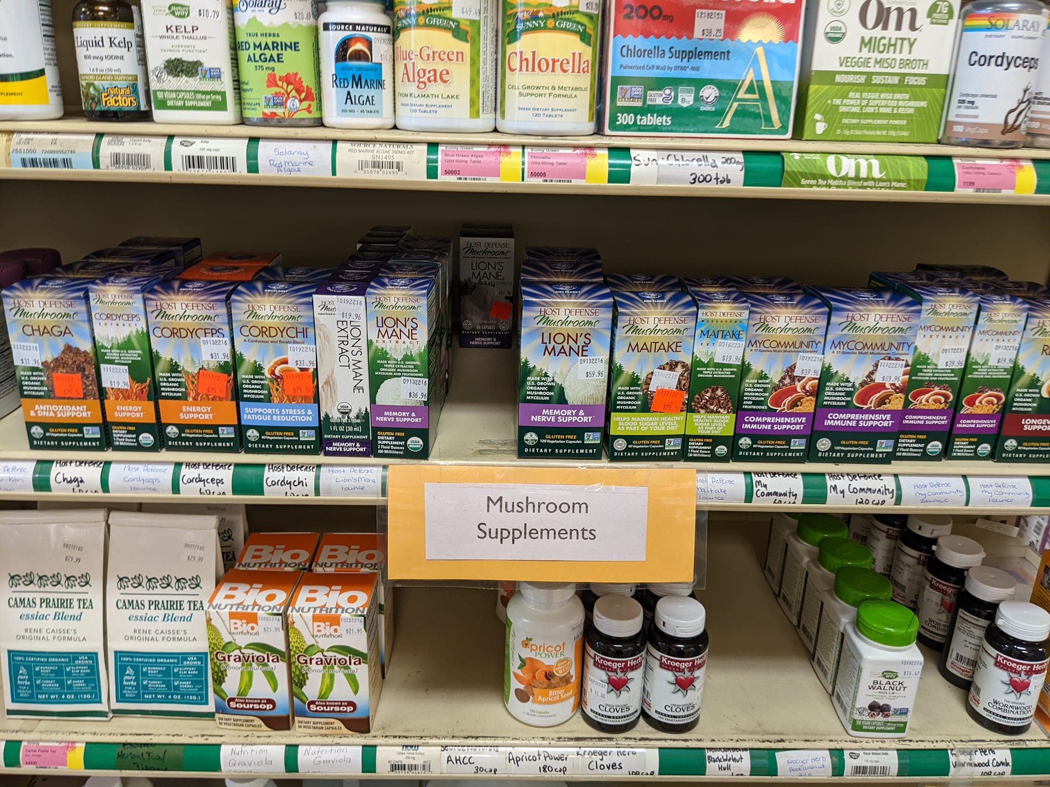 A shelf of mushroom supplements